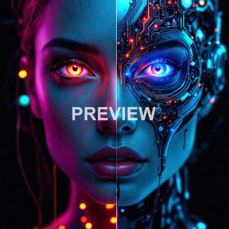 A split image of a woman's face, with the left side showing a natural human face with glowing eyes, and the right side displaying a cybernetic, robotic face with intricate circuitry and glowing elements.